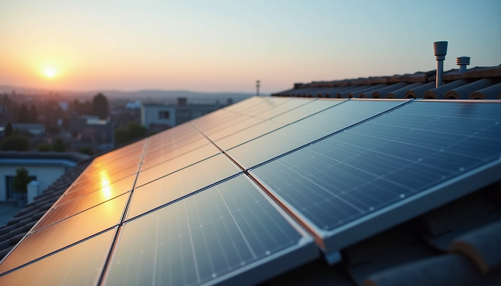 Solar panels on a rooftop capture the first light of dawn, contributing to sustainable energy in the peaceful urban landscape.