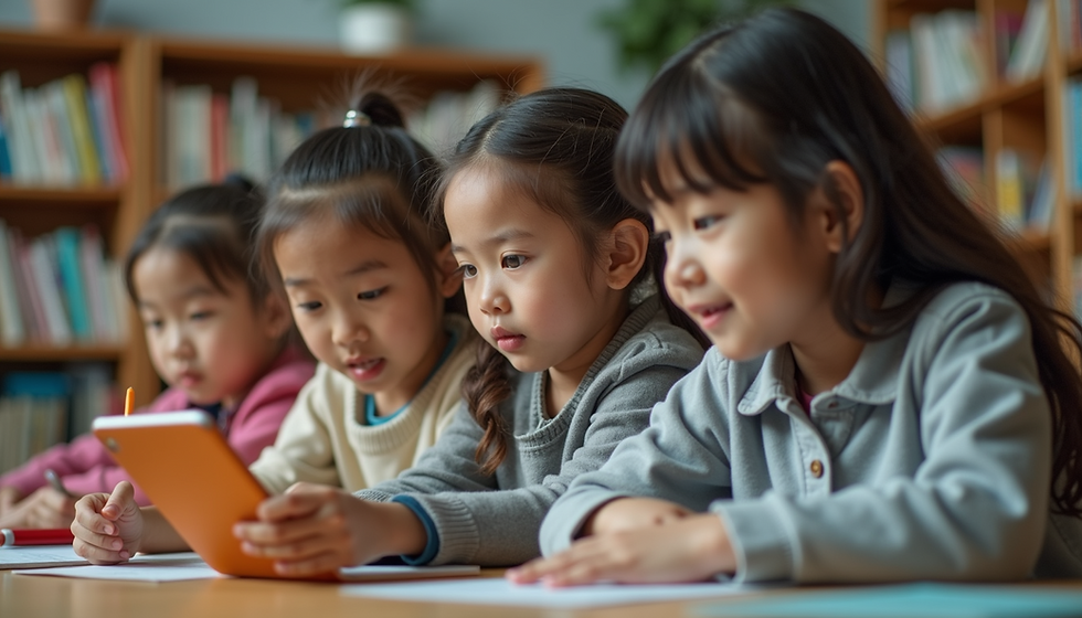 Children engrossed in learning together, using tablets and writing in a bright and cozy library setting.