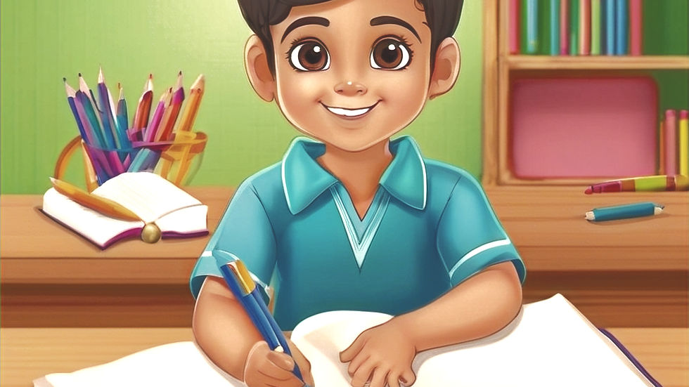 একটি ছেলে হাসিমুখে টেবিলে বসে নিজের পড়াশোনায় মনোনিবেশ করছে। পিছনে রঙিন পেন্সিল ও বই সাজানো আছে।