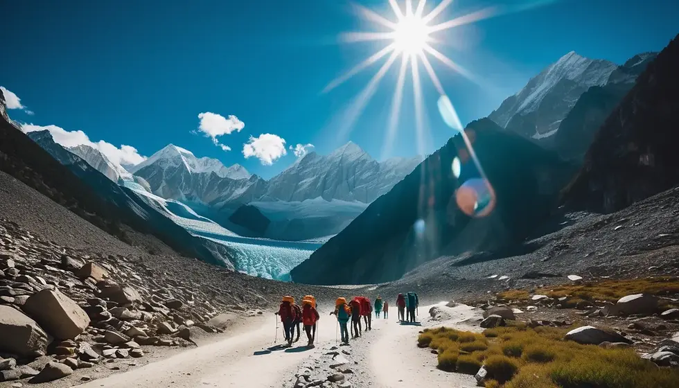 Trekkers make their way along the scenic trail of the Gangotri Glacier, surrounded by the majestic peaks and dazzling sunlight, illustrating the breathtaking adventure of this iconic trek.