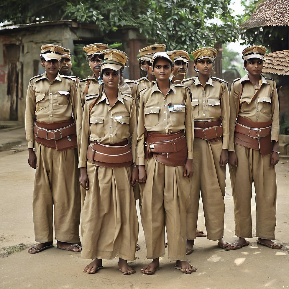 একদল উৎসুক নারী পুলিশ প্রশিক্ষণ শিবিরে সতর্ক অবস্থানে দাঁড়িয়ে। তাঁরা সমবেতভাবে নিরাপত্তা এবং আইন-শৃঙ্খলা রক্ষার জন্য প্রস্তুতি নিচ্ছেন।
