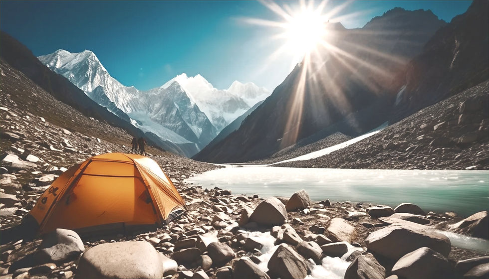 At the foot of the majestic Himalayas, trekkers pause by the serene Gomukh Cave, embraced by a landscape of breathtaking beauty.