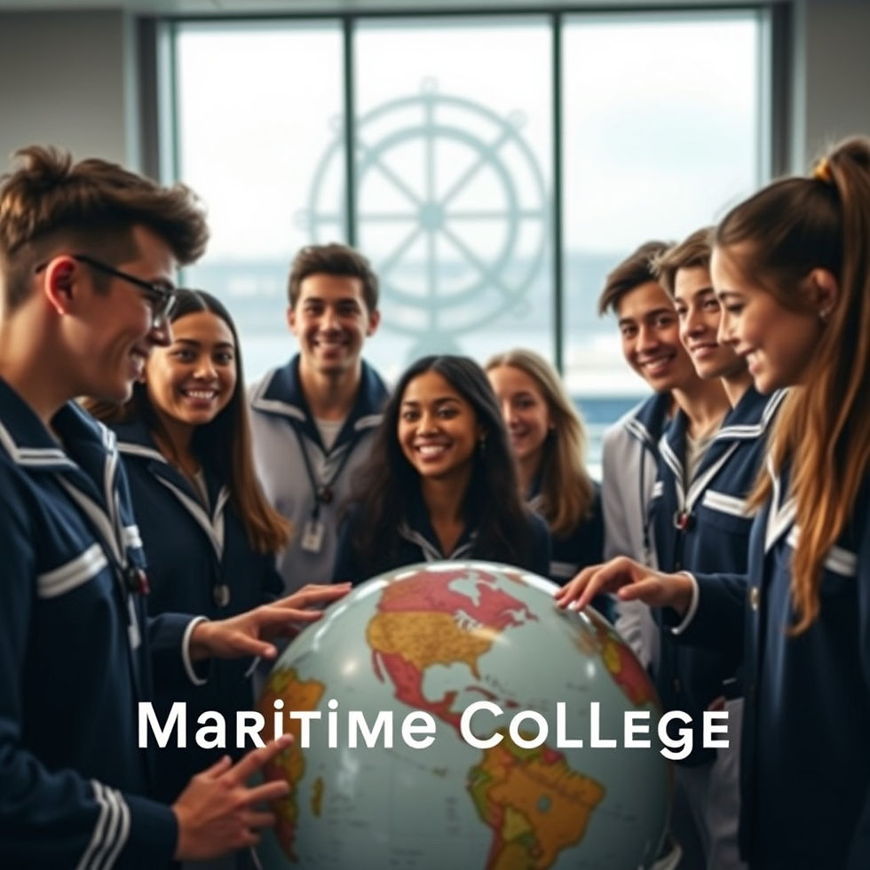Students at Maritime College gather around a globe, exploring the world of maritime studies and navigation. The ship's wheel in the background symbolizes their journey into seafaring careers.