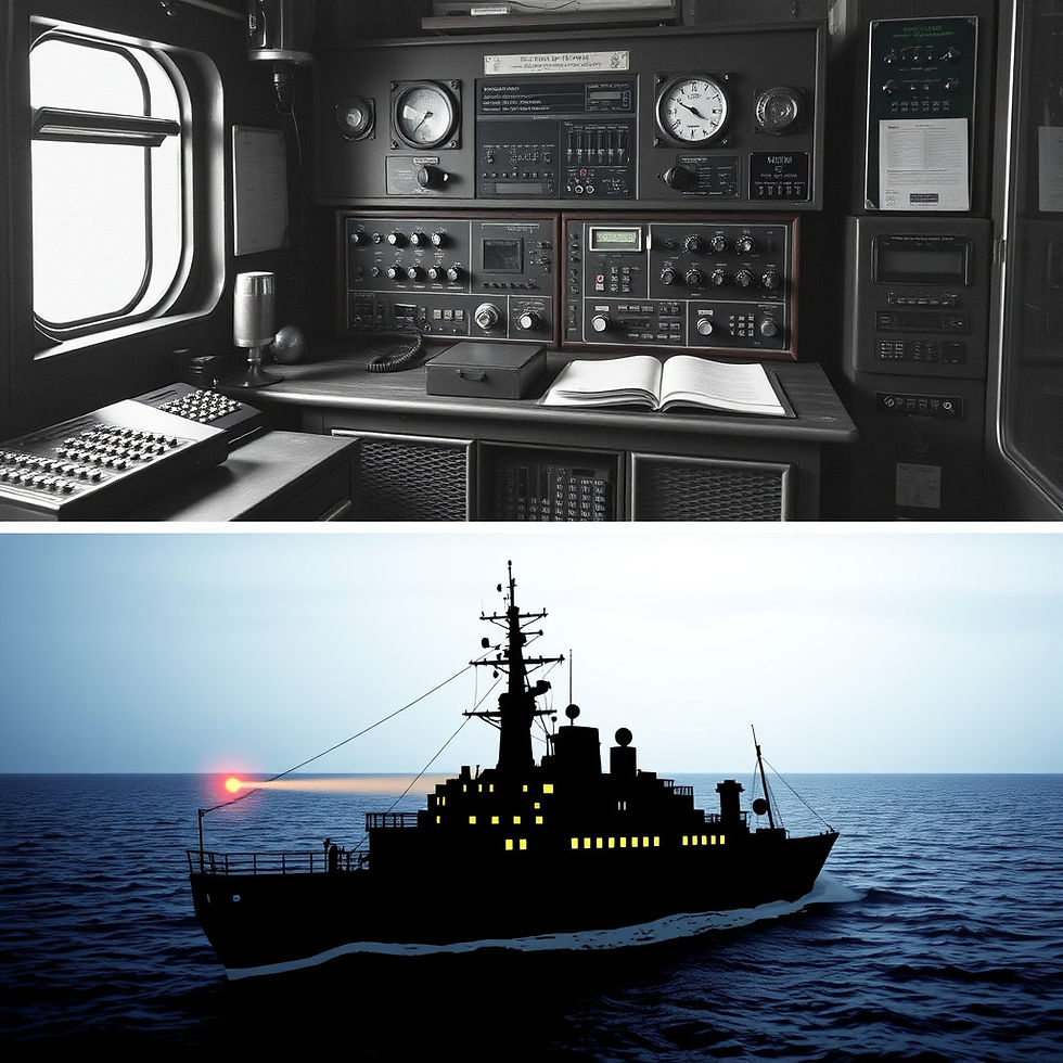 Command center's radar room onboard a naval ship prepares for night operations as the vessel sails through calm seas, illuminated by the glow of onboard lights.