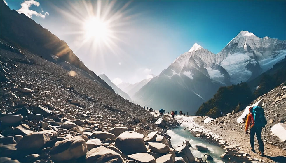 Trekkers explore the breathtaking trail of Gangotri Glacier, surrounded by majestic peaks and the shimmering stream, embracing the natural beauty and adventure of the journey.