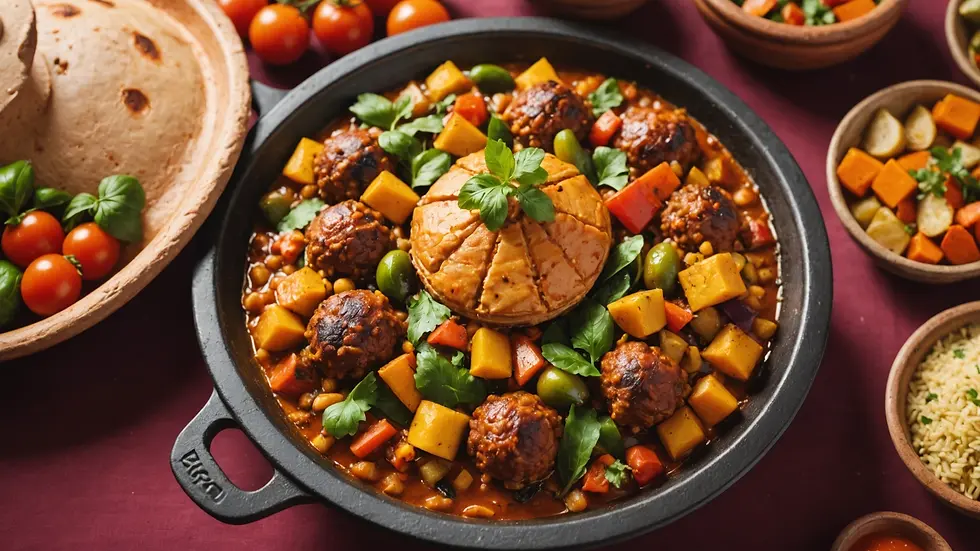 Close-up view of traditional Moroccan tagine served with colorful vegetables