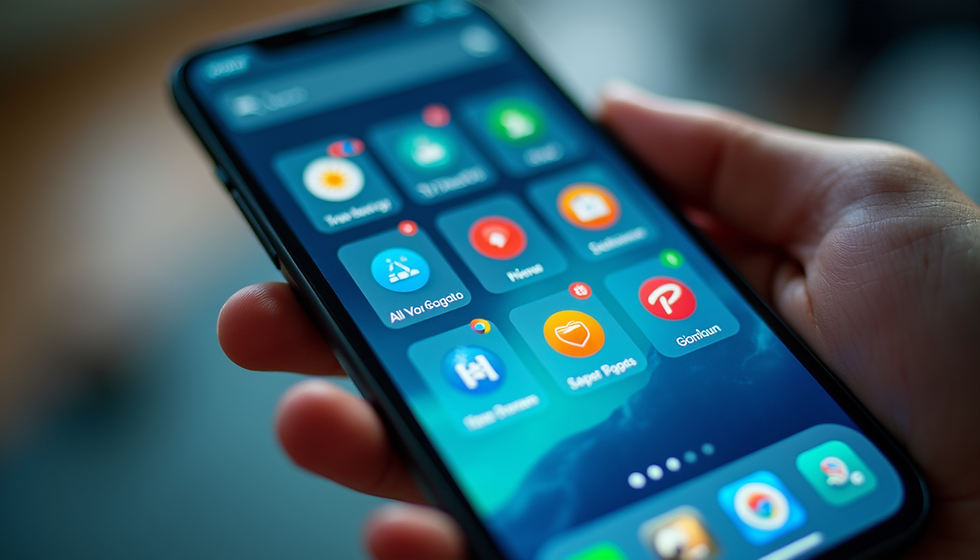 A person holds a smartphone displaying various apps on its screen, demonstrating a modern and organized digital interface.