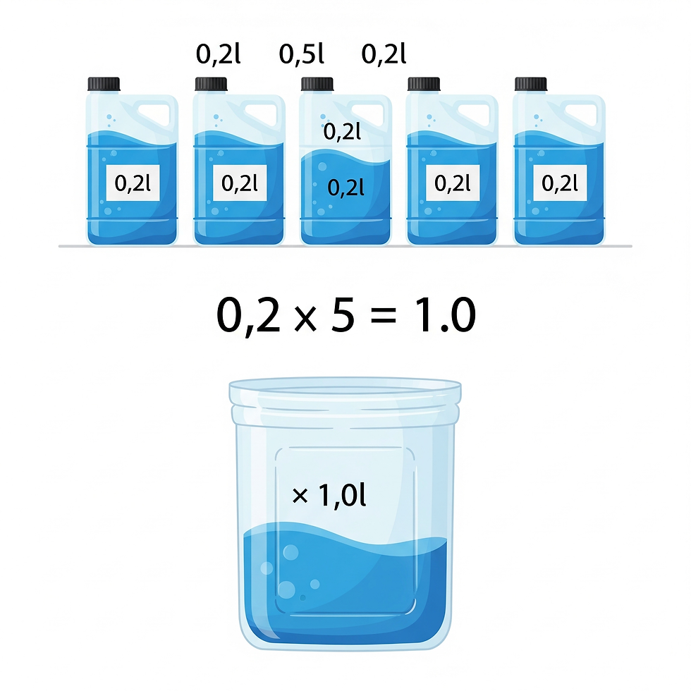 পাঁচটি ০.২ লিটার বোতল একত্রিত হয়ে তৈরি হয় ১.০ লিটারের একটি পাত্র।