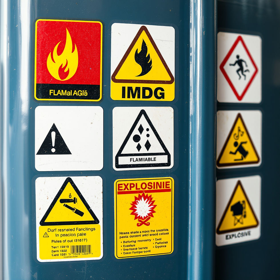 Safety stickers on a metal surface, displaying various hazard symbols including flammable, explosive, and general warning signs.