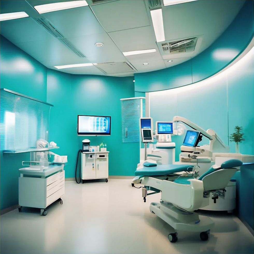 Modern and sleek dental office with advanced equipment and a calming blue color scheme.