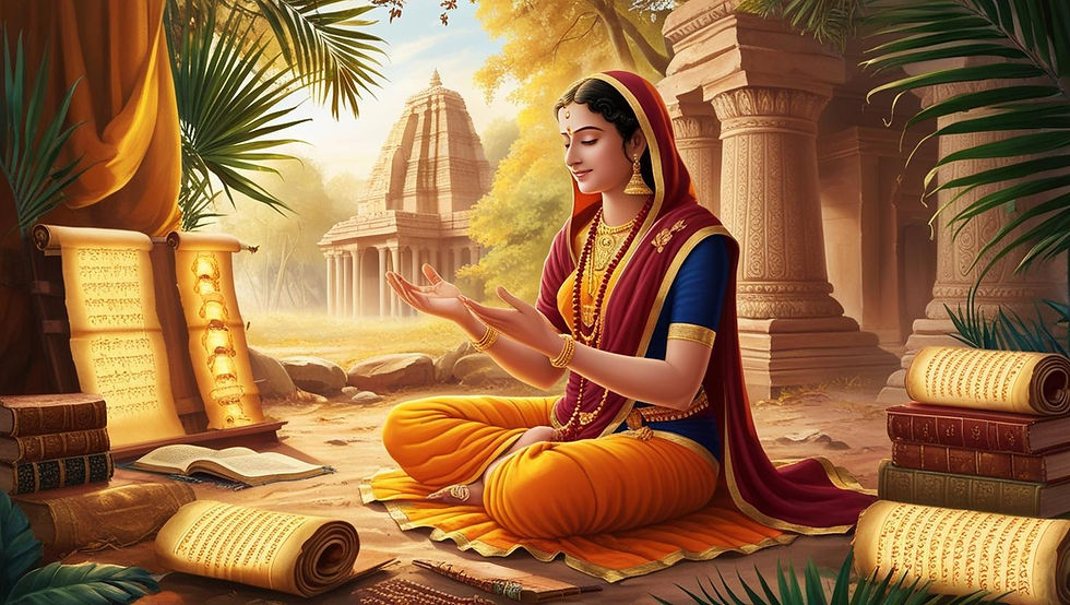 In serene harmony with ancient wisdom, a woman meditates amidst sacred scrolls and temple ruins.
