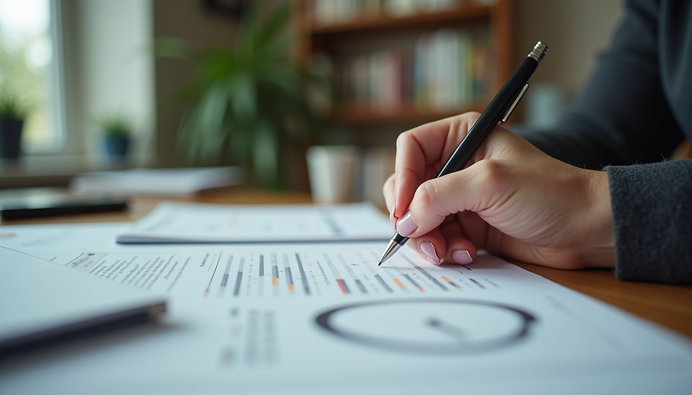 একটি অফিস ডেস্কে বসে, একজন ব্যক্তি গুরুত্বপূর্ণ নথিতে তথ্য যাচাই করছেন। বিভিন্ন তথ্যসূচক ও চার্টের মাধ্যমে বিশ্লেষণ করা হচ্ছে। পটভূমিতে একটি সাজানো বইয়ের তাক দৃশ্যমান, যা একটি সংগঠিত পরিবেশ নির্দেশ করে।