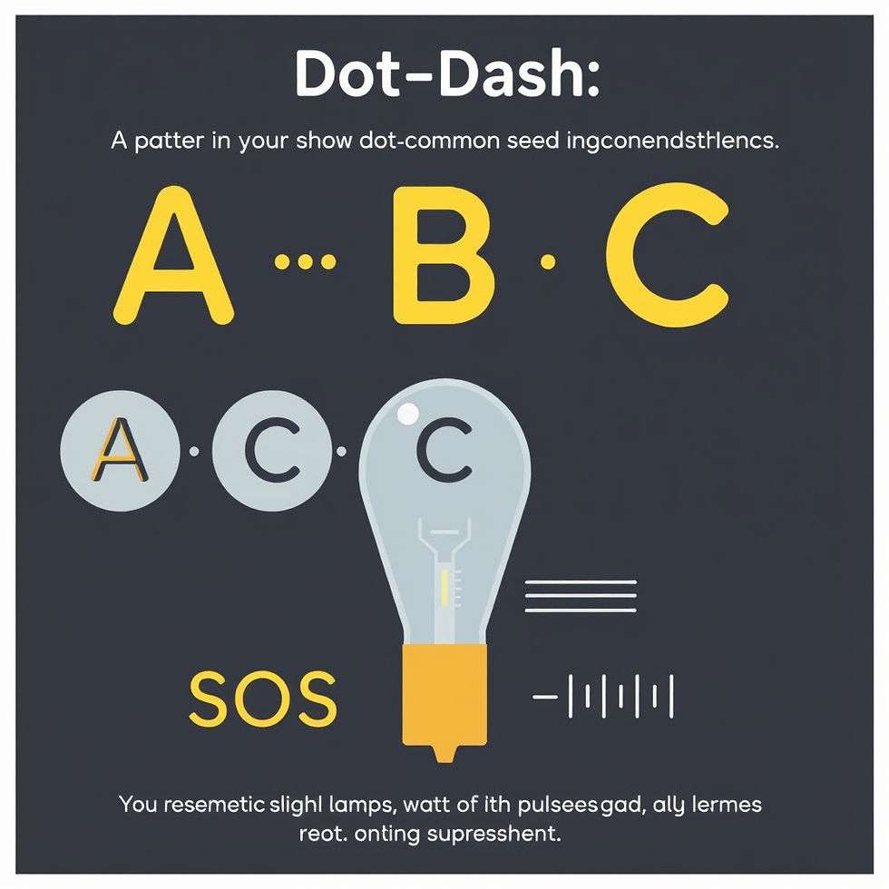 "Illustration of Morse Code Alphabet with Visual Representations and Light Bulb Motif Highlighting Dots and Dashes for Letters A, B, and C."