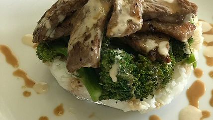 grilled meat with rice and vegetables