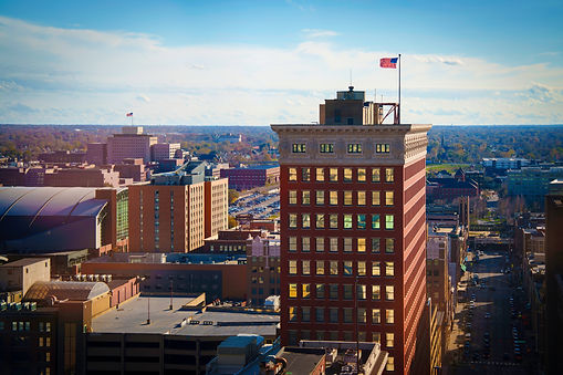 Downtown Indianapolis Skyline With Historic Buildings And American Flag, Indianapolis, Indiana