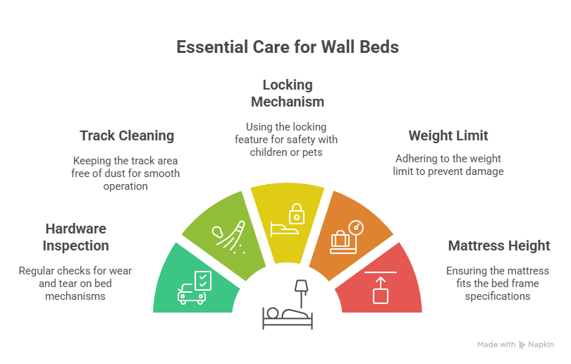 Infographic on essential care for wall beds: Track cleaning, hardware inspection, locking mechanism, weight limit, and mattress height.