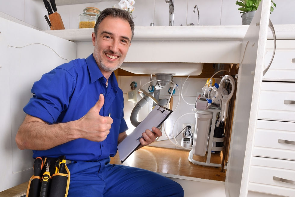 Man in blue overalls gives a thumbs-up with a clipboard, kneeling by a kitchen sink. Tools and pipes visible. Bright, cheerful setting.
