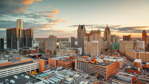 Downtown Detroit Skyline At Sunset With Modern Skyscrapers, Detroit, Michigan