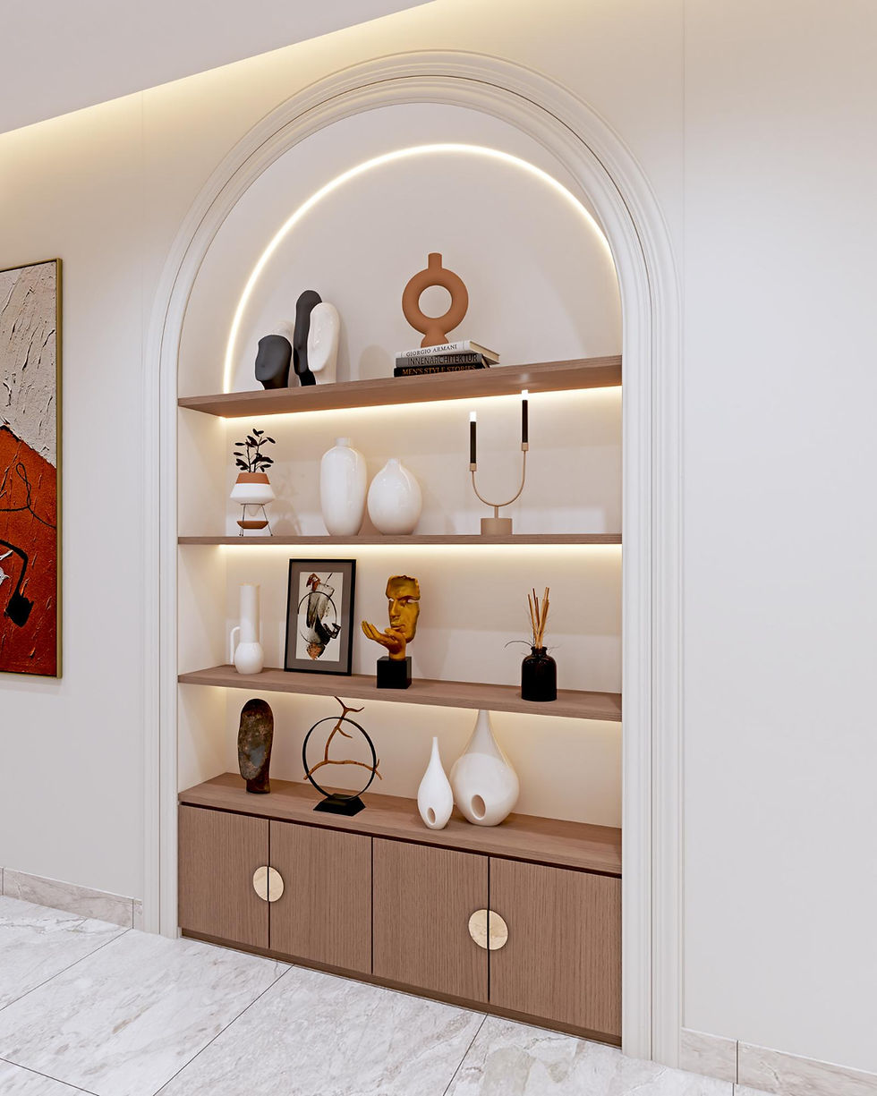 Elegant arched shelves with art pieces, vases, and books. Warm lighting highlights a modern interior with a textured painting nearby.