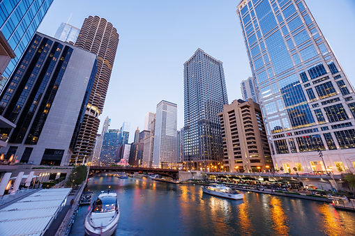Chicago, Illinois Skyline Along The Chicago River At Dusk