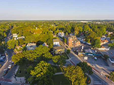 Reading historic town center and town common aerial view
