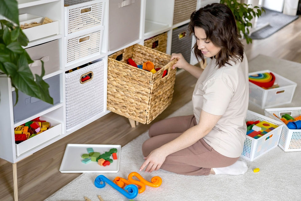 mother cleaning kid's toys