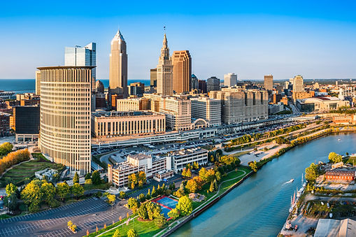 Downtown Cleveland Skyline Along The Cuyahoga River At Sunset, Cleveland, Ohio