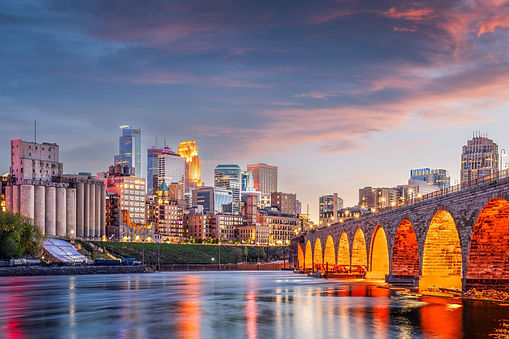 Minneapolis Skyline And Stone Arch Bridge At Sunset, Minneapolis, Minnesota