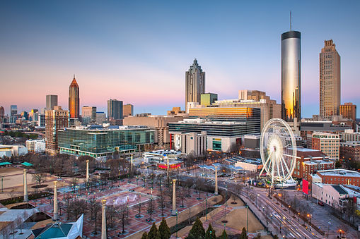 Atlanta, Georgia Skyline With Centennial Olympic Park And SkyView Ferris Wheel At Sunset