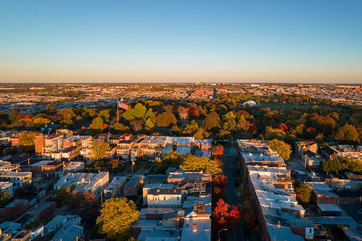 Aerial View Of Baltimore Neighborhood And Green Park At Sunset, Baltimore, Maryland