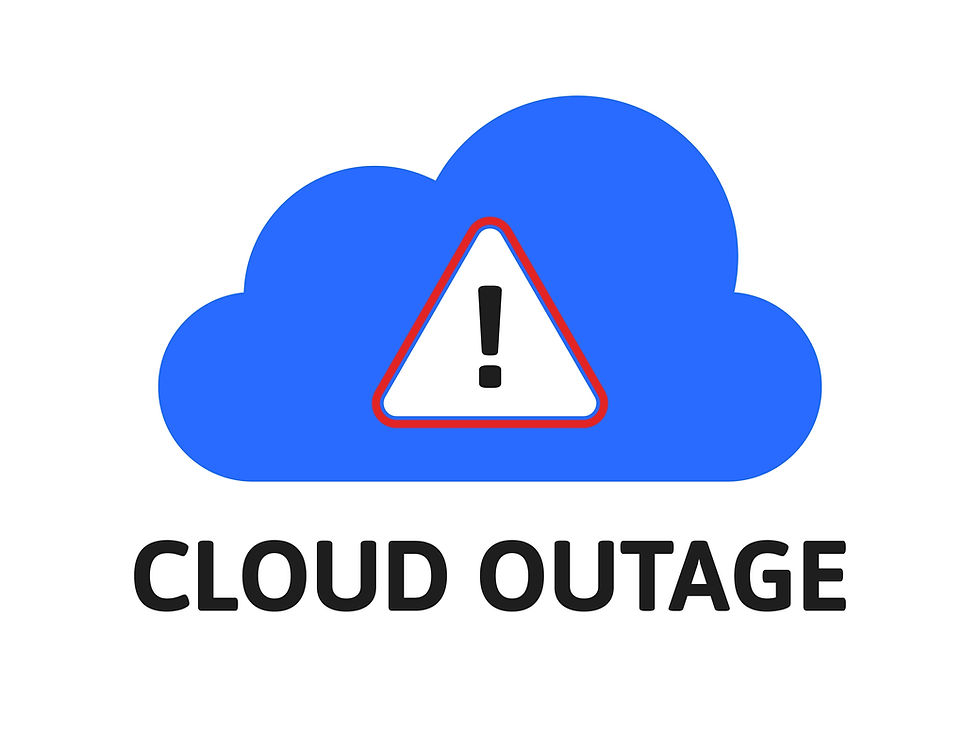 Blue cloud icon with warning triangle and exclamation mark above the text CLOUD OUTAGE.