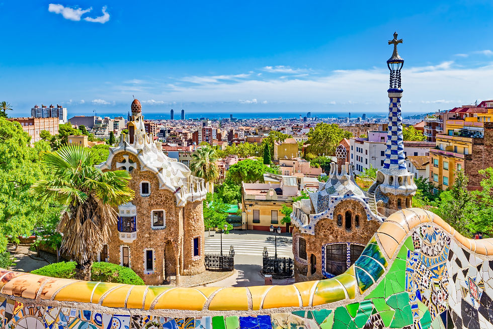 Colorful Park Güell Overlooking The Barcelona Skyline, Barcelona, Spain