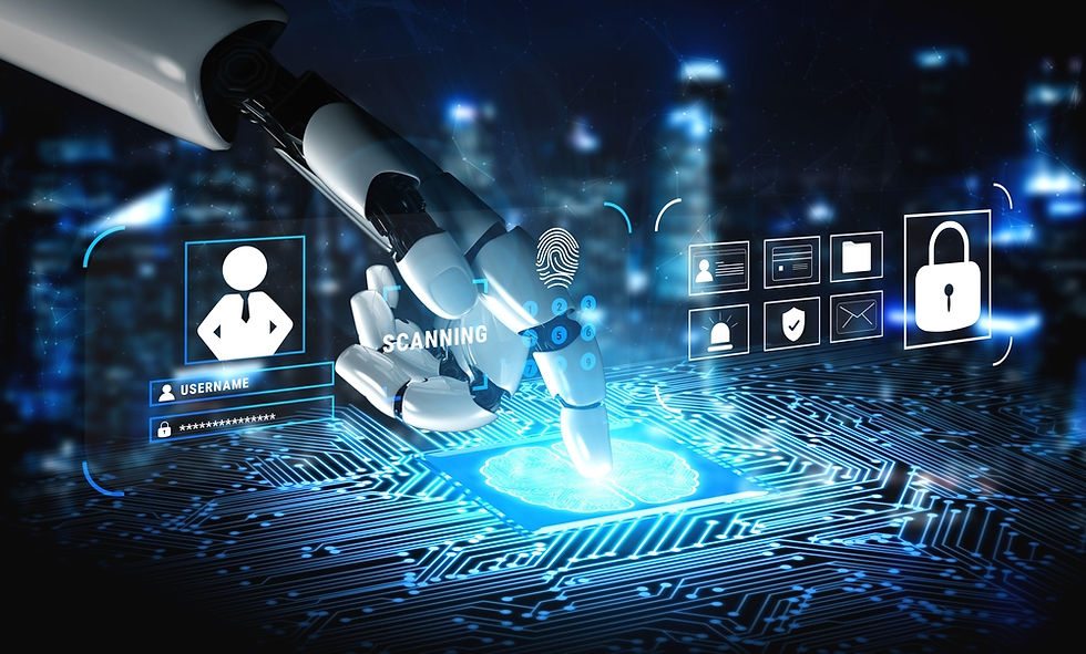 Robot hand scans a digital fingerprint on a glowing circuit board. Icons for security, username, and padlock appear. Blue tech theme.