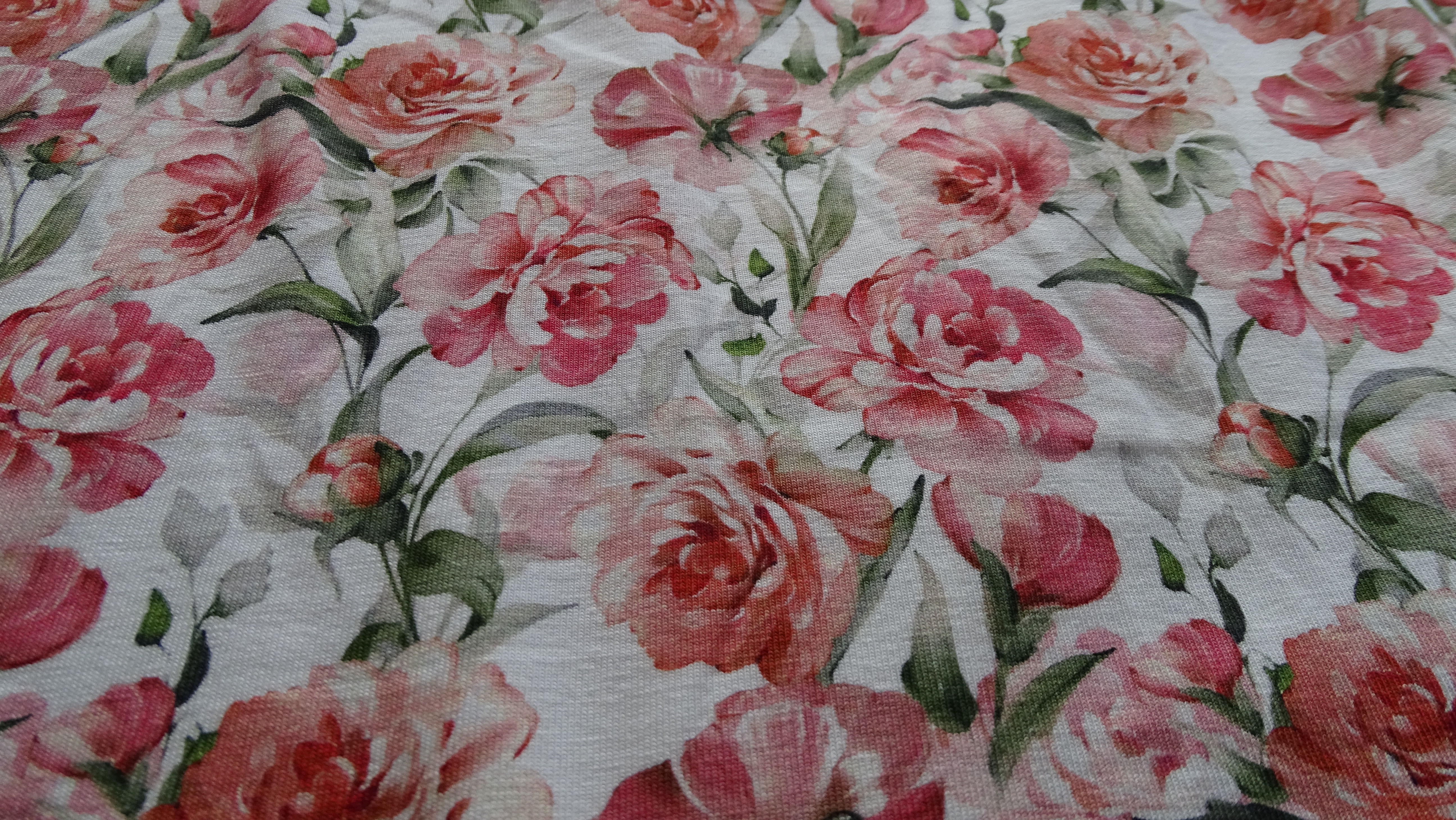 Jersey écru fleurs roses