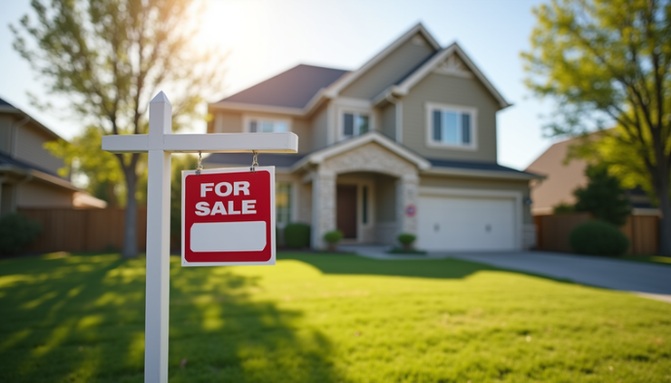 Eye-level view of a family home with a "For Sale" sign in the front yard