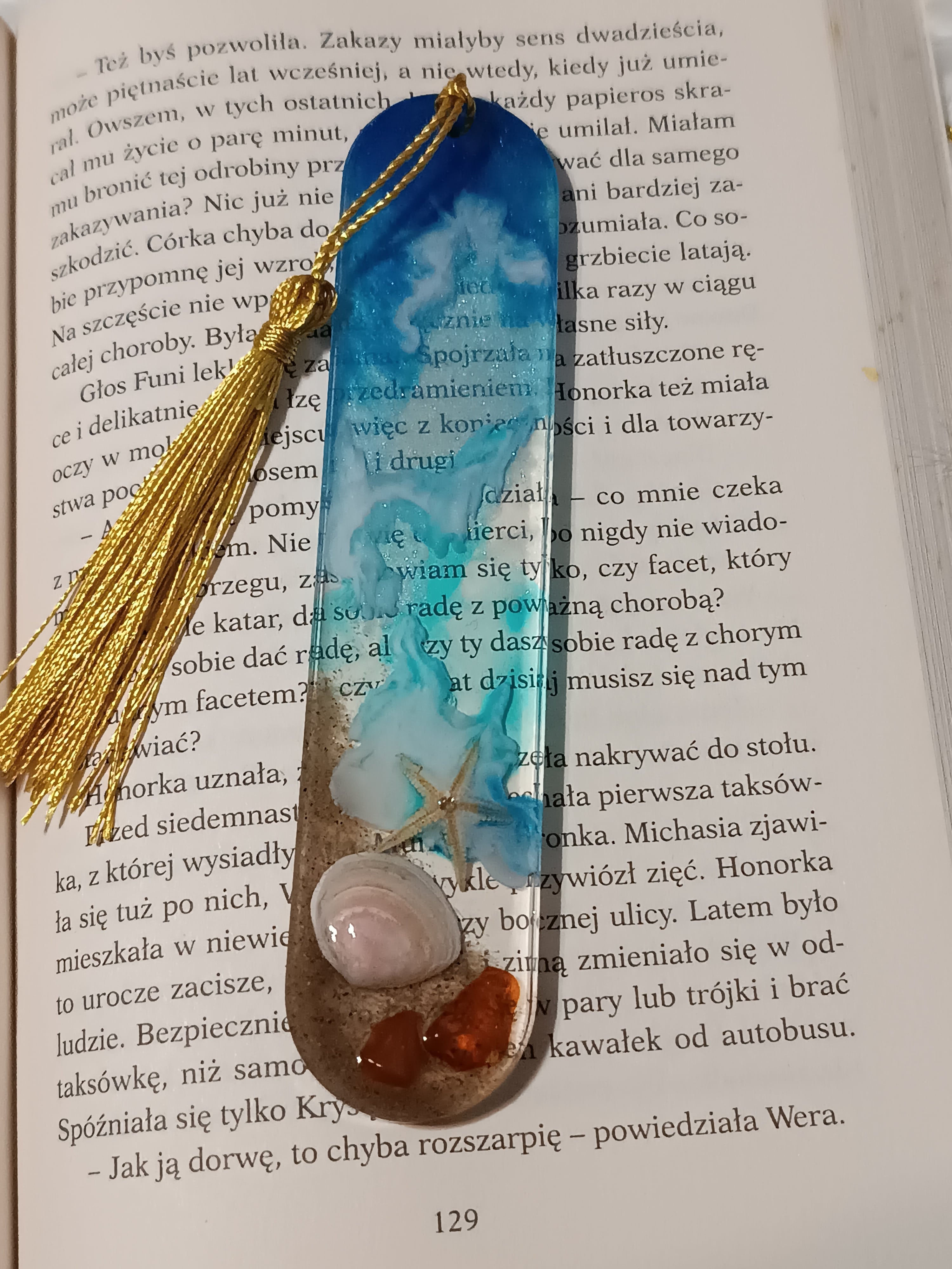 Zakładka do książki 13x3 cm bursztyn muszelka rozgwiazda