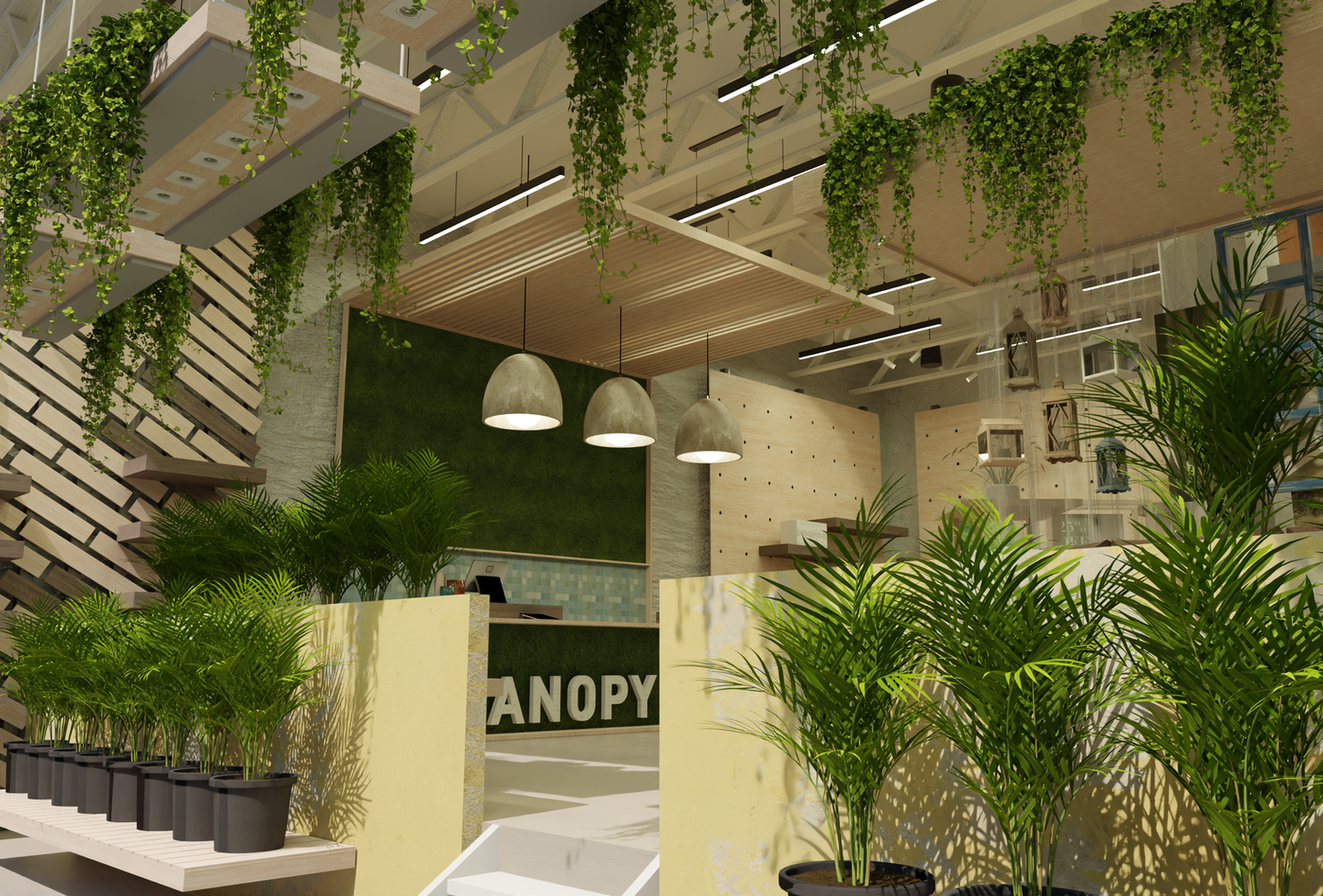 3D rendering of interior retail space with selling plants and home goods