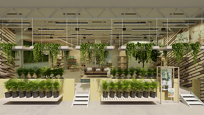 Interior rendering of a homegoods store selling plants and decor. 