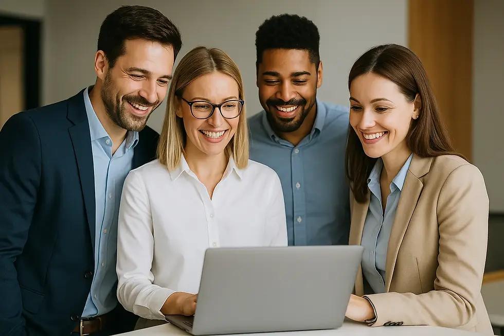Mitarbeiter, die gemeinsam auf einen Laptop schauen