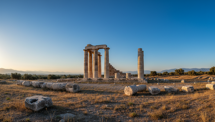 Wide-angle view of ancient Greek columns under a bright Mediterranean sky