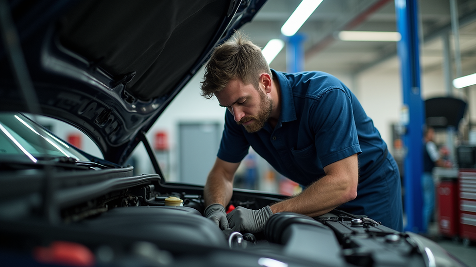 Eye-level view of a car mechanic inspecting a vehicle engine in a garage