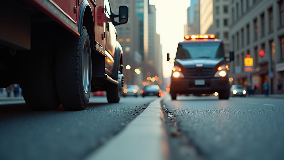 Eye-level view of tow truck hooking up a car on a city street