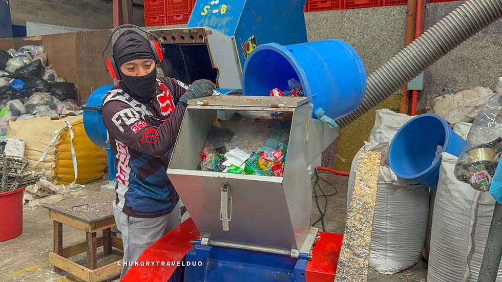 After collection, clean plastic feedstocks are shredded before being heat pressed.