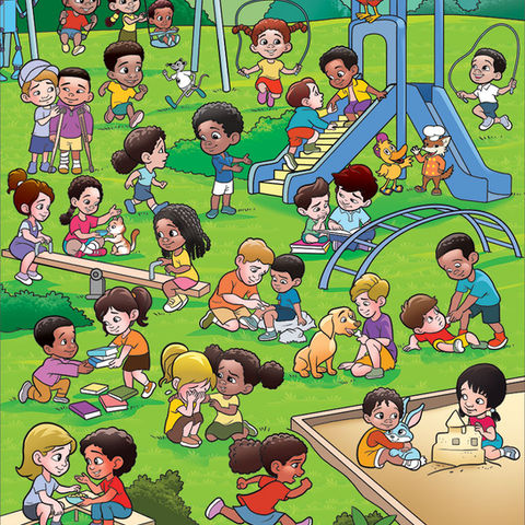 Family-friendly hidden object drawing of kids playing in a park playground. A seek and find picture designed as an educational puzzle illustration for children