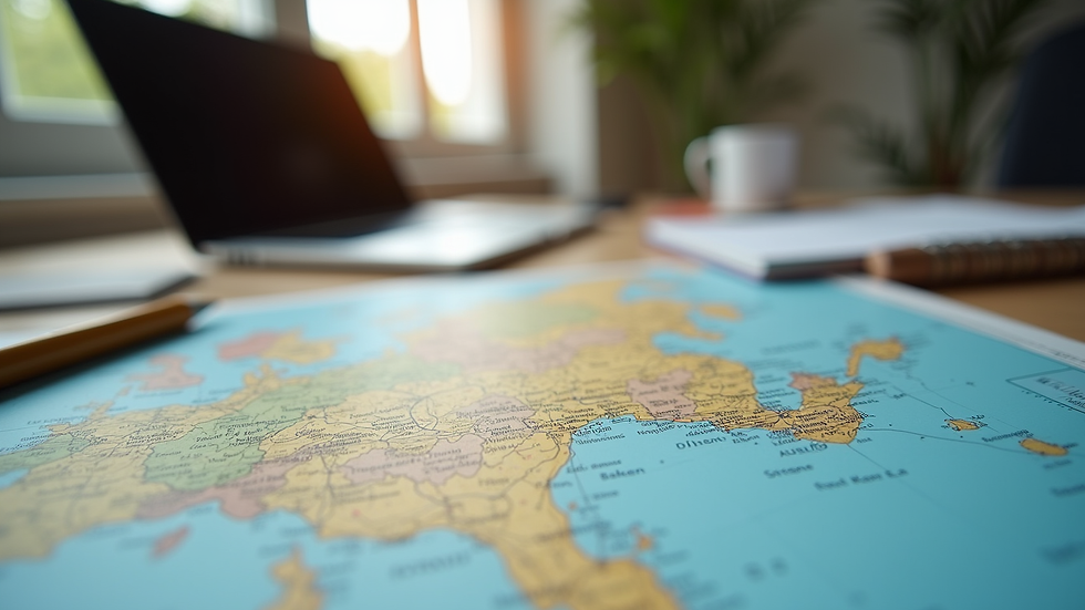 Close-up view of a luxury travel planner’s desk with maps and a laptop