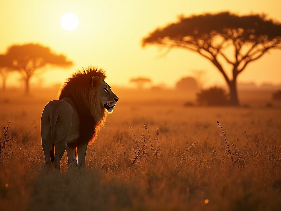 Lion stands in golden savanna at sunset, silhouetted by acacia trees under a warm orange sky.