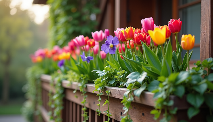 Eye-level view of a colorful May spring planter with tulips, pansies, and trailing ivy on a wooden balcony railing