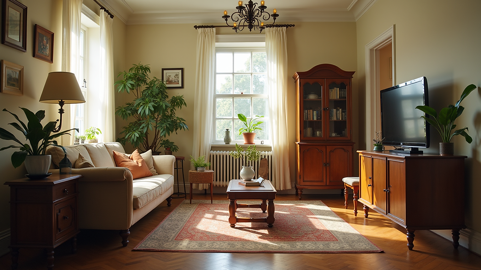 Eye-level view of a cozy living room with vintage furniture and decor