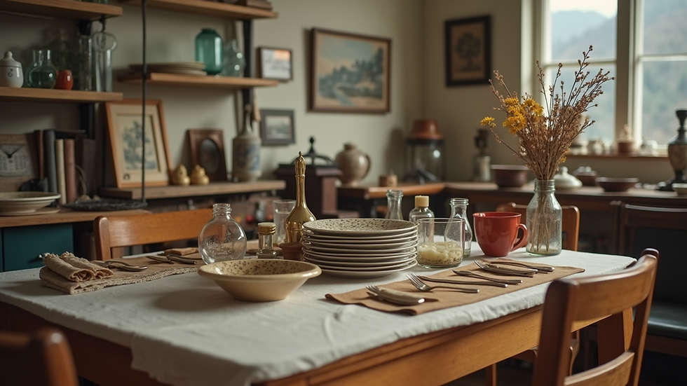 Eye-level view of a neatly arranged estate sale table with vintage items