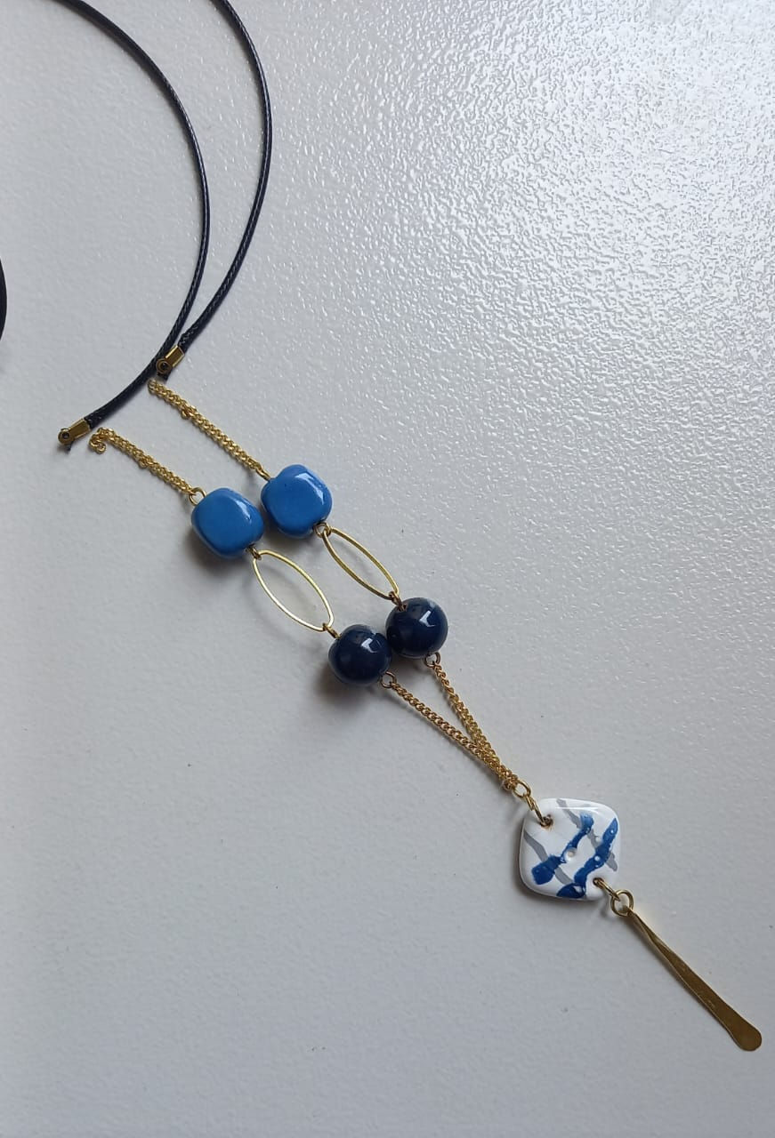 Azure & Indigo Necklace - Handmade Brass & Ceramic Bead